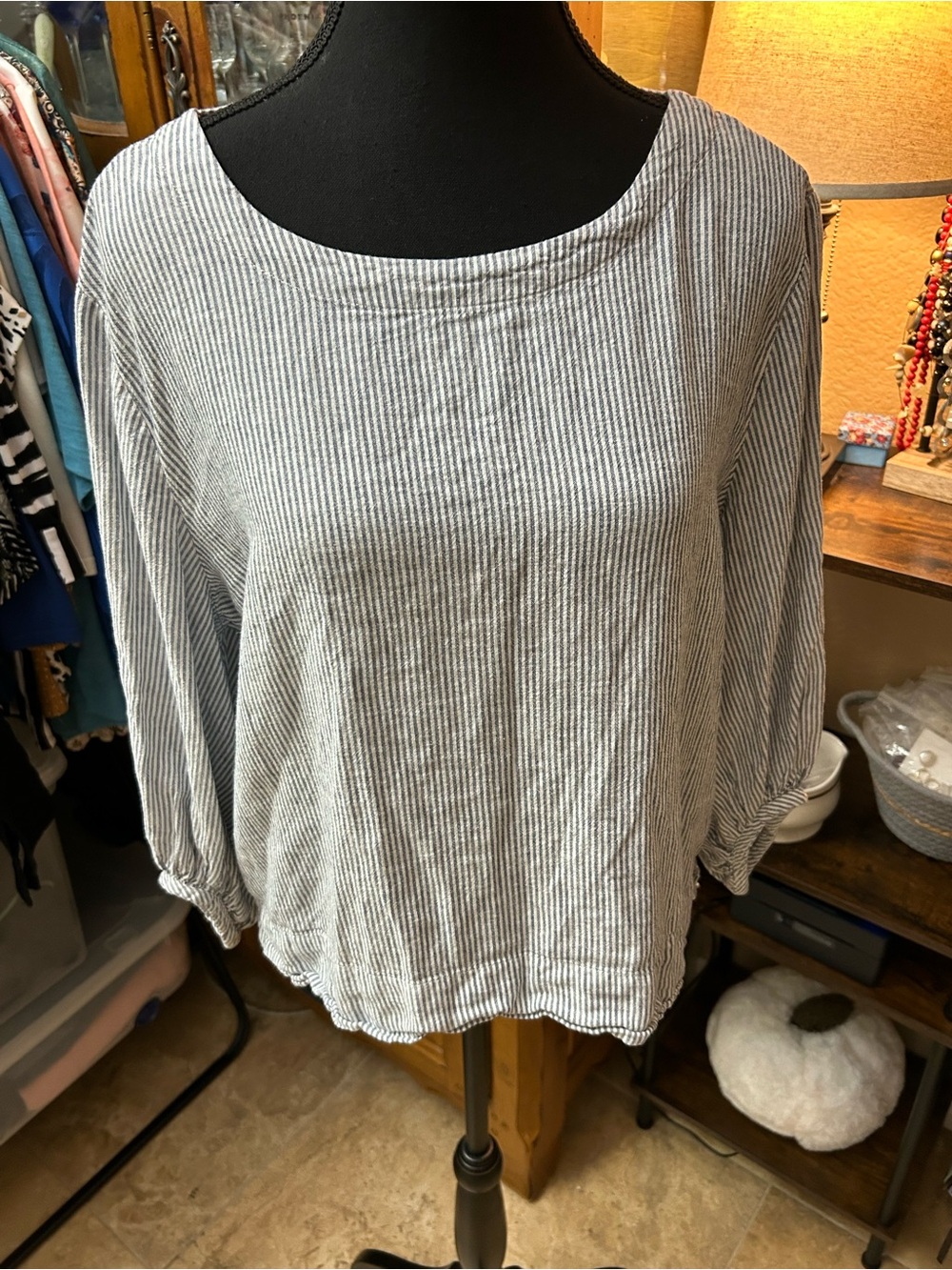 Matty M Blue White Striped Linen Blend Tunic Top Size M